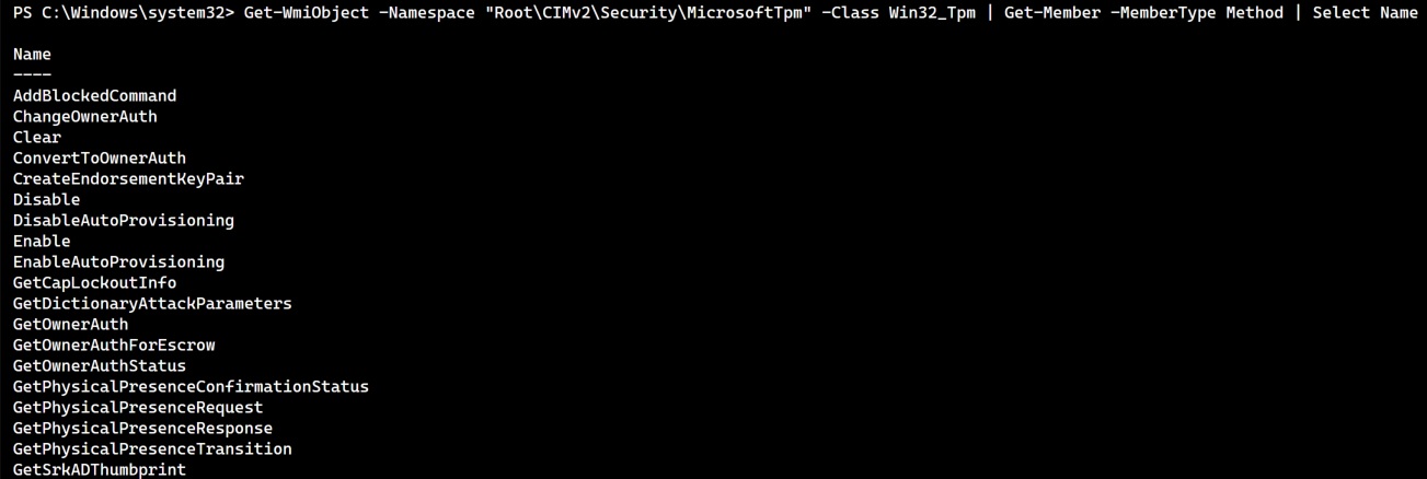 PowerShell ISE output showing list of win32_TPM methods.